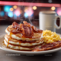 Stack of Fluffy Pancakes with Syrup Bacon and Coffee