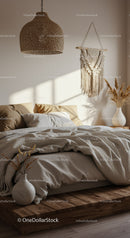 Cozy bedroom with natural decor and warm sunlight