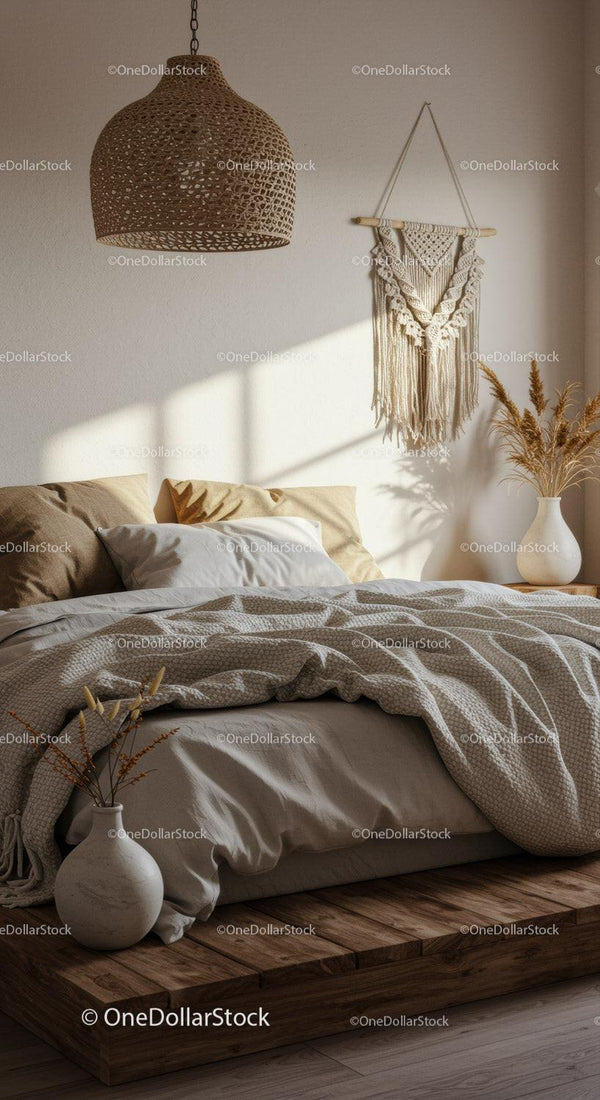 Cozy bedroom with natural decor and warm sunlight
