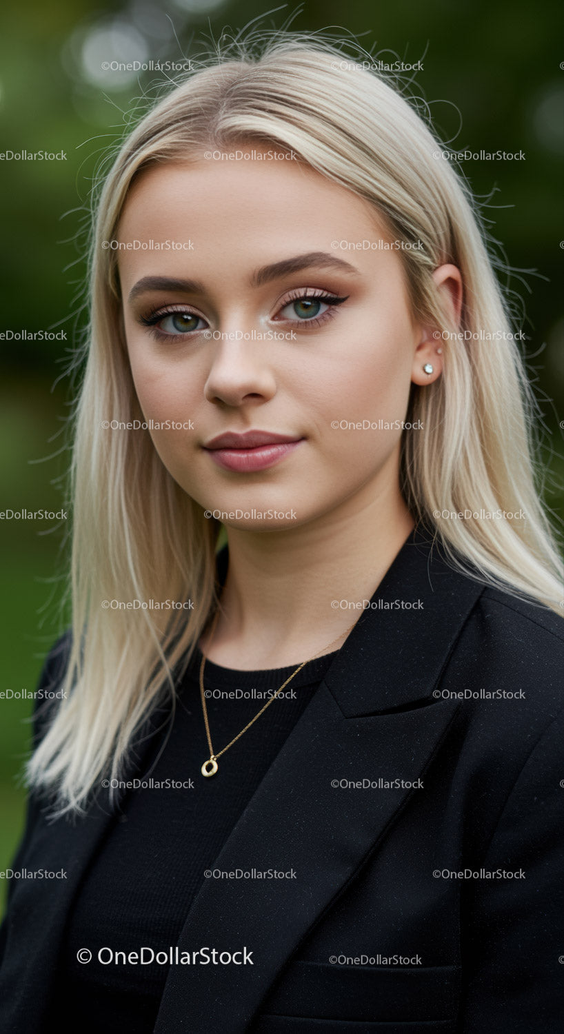 Young woman with blonde hair in black blazer outdoors