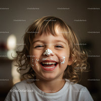Laughing child with cream on face enjoying playful moment