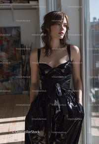 Fashion Model in Black Glossy Dress Illuminated by Natural Light
