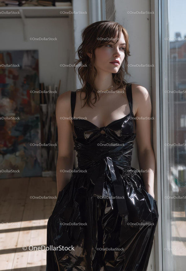 Fashion Model in Black Glossy Dress Illuminated by Natural Light