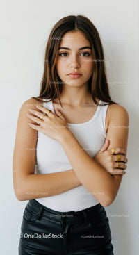 Confident Young Woman in White Tank Top and Black Leather Pants