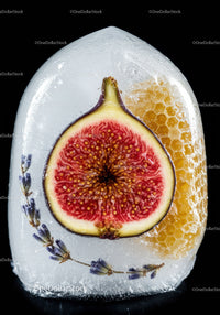 Frozen fig and honeycomb with lavender in ice block
