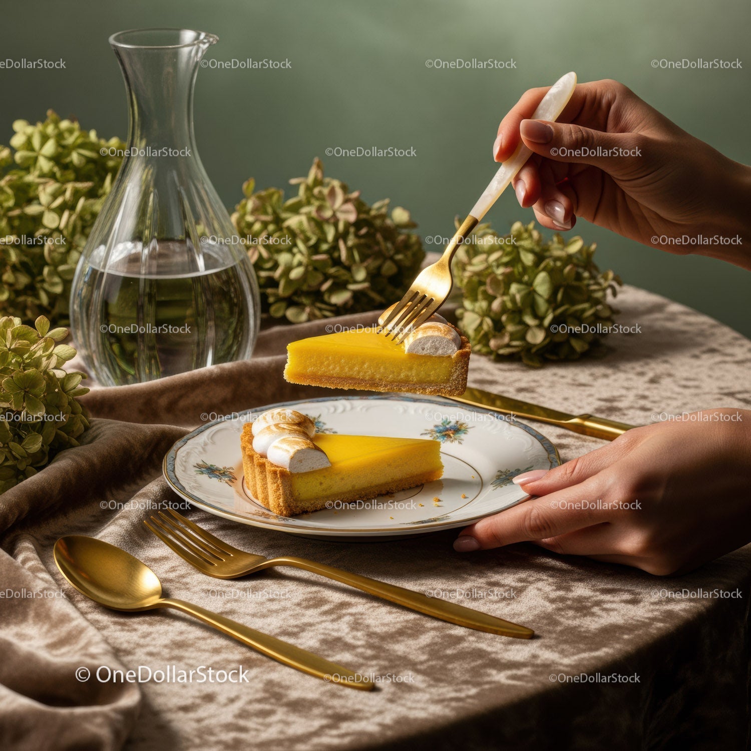 Elegant Lemon Tart Slice on Fine China with Gold Cutlery and Floral Decor