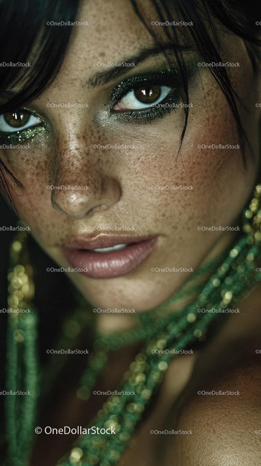 Close-up of a Glamorous Woman with Glitter Makeup and Brown Eyes