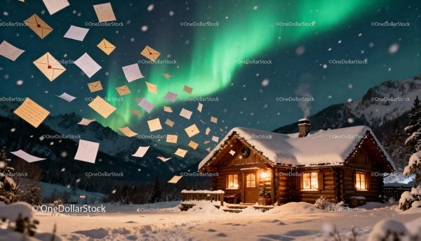 Snowy cabin with flying letters under northern lights