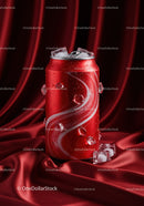 Chilled soda can with ice cubes on red satin fabric