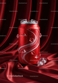 Chilled soda can with ice cubes on red satin fabric