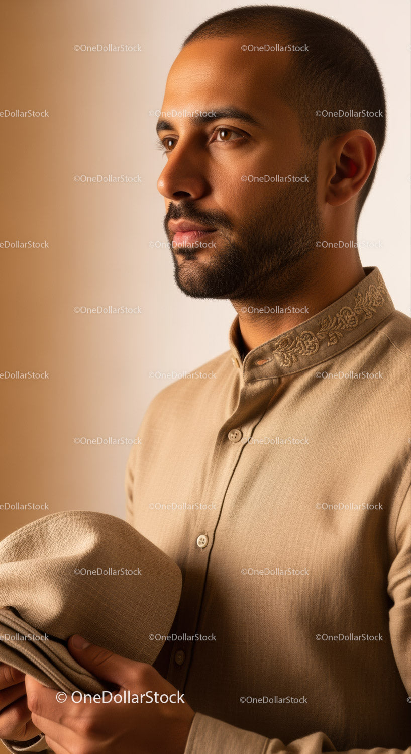Elegant Man in Traditional Beige Kurta with Thoughtful Expression