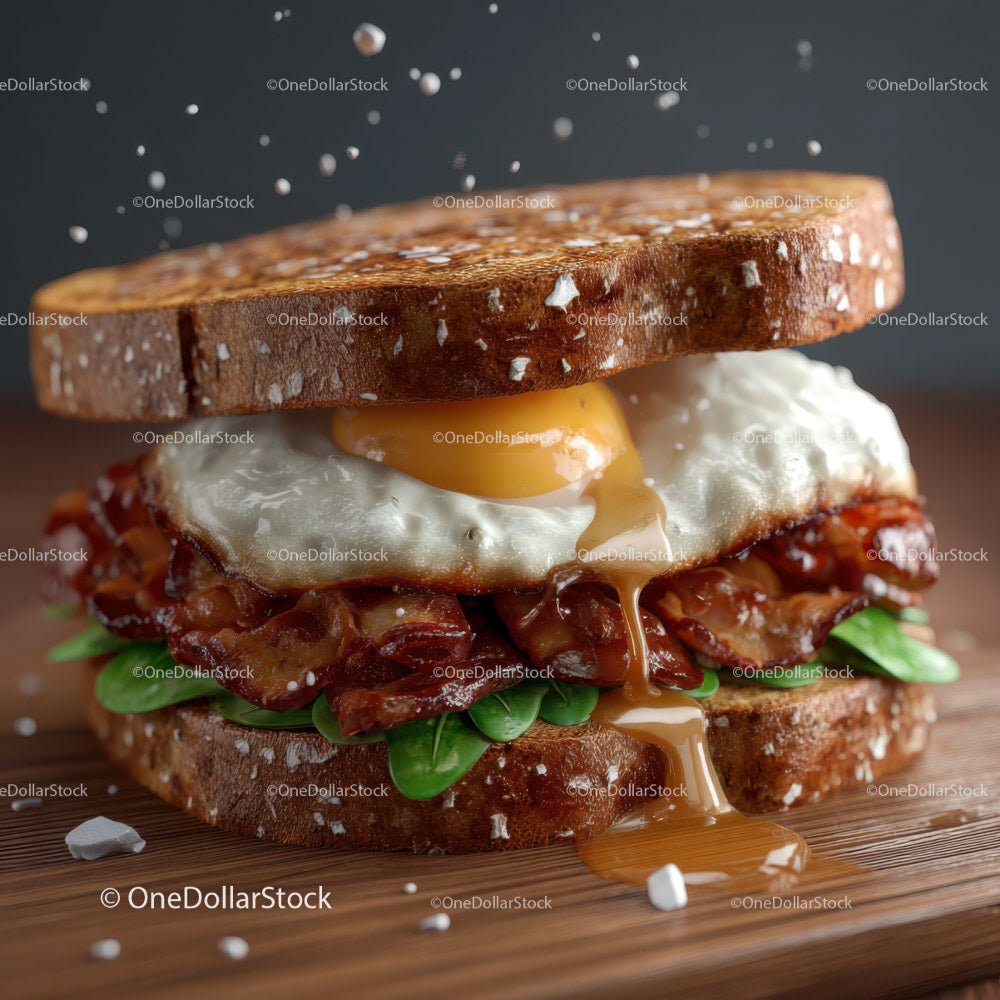 Close-up of Gourmet Bacon and Egg Sandwich with Greens on Toasted Bread (9 Images)