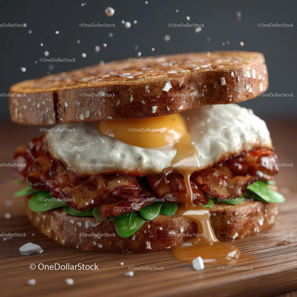 Close-up of Gourmet Bacon and Egg Sandwich with Greens on Toasted Bread Stock Photo Bundle (9 JPG Files)