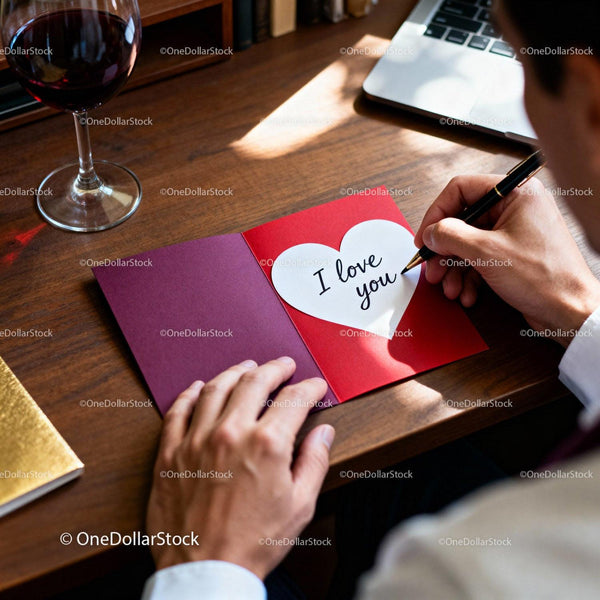 Man Writing Romantic Note on Heart-Shaped Card
