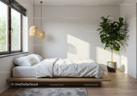 Minimalist bedroom with natural light and greenery