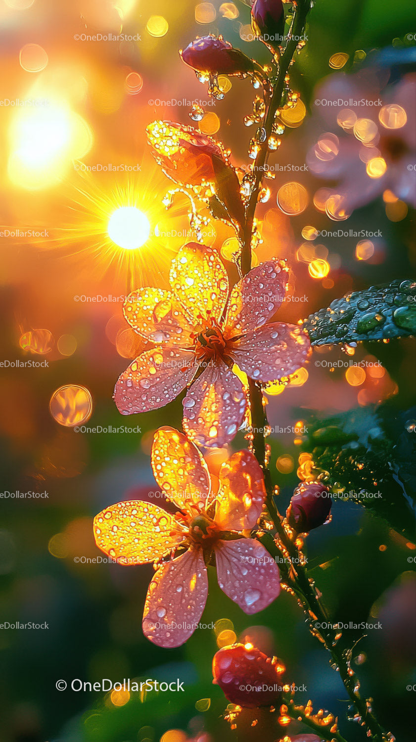 Pink Cherry Blossom Flowers with Water Droplets and Sunlight