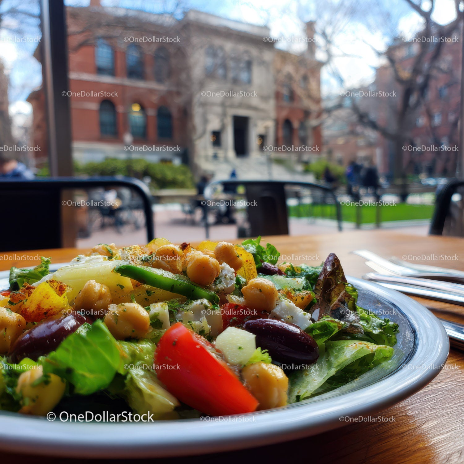 Colorful Vegetable Salad with Chickpeas and Tomatoes in Urban Cafe