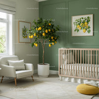 Bright Green Nursery Room Decor with Lemon Tree and Artwork
