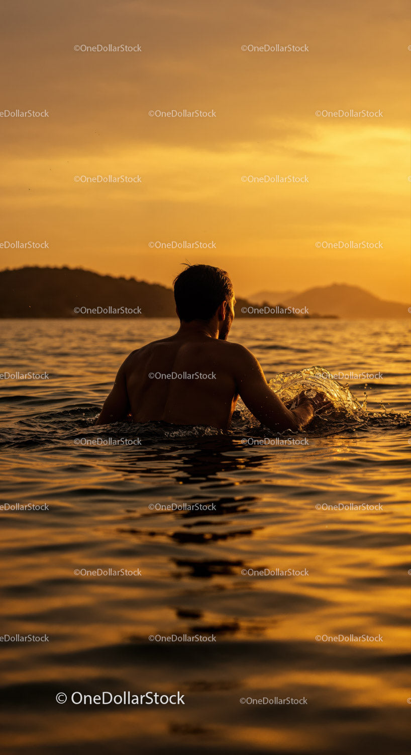 Serene Man Swimming in Ocean During Vibrant Sunset