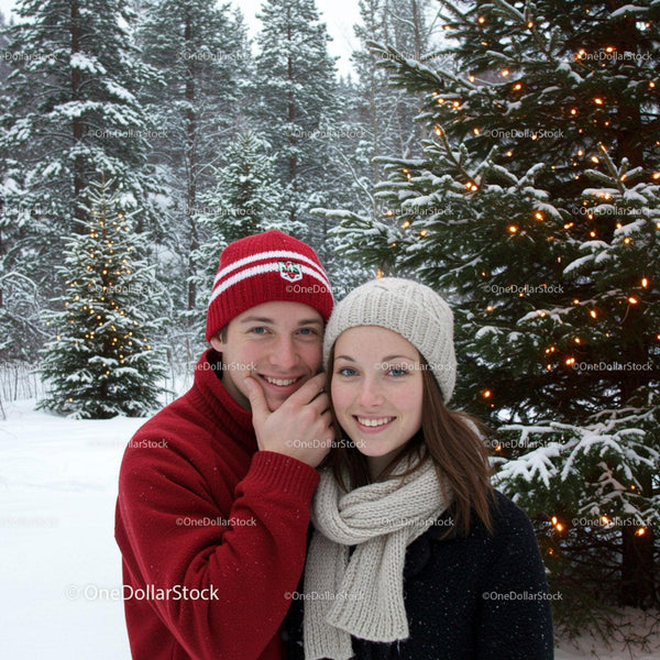 Young Couple Enjoying Winter Among Snowy Christmas Trees