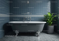 Vintage freestanding bathtub in elegant blue tiled bathroom
