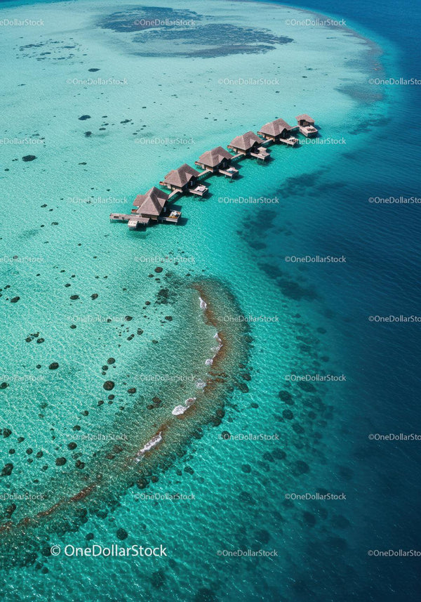 Overwater Bungalows in Turquoise Ocean with Scenic Coastal View