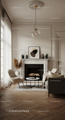 Elegant Modern Living Room with Marble Fireplace and Stylish Decor