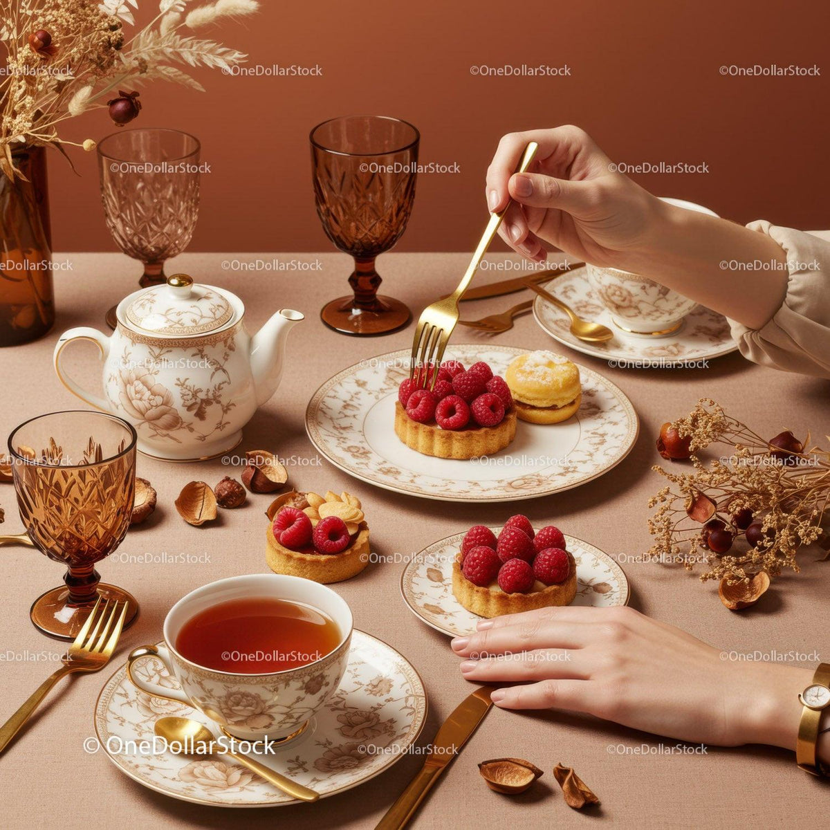 Elegant Afternoon Tea with Raspberry Tartlets and Vintage China