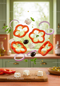 Fresh Mediterranean salad ingredients floating in kitchen