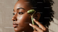 Elegant Afro Woman Using Jade Roller for Facial Skin Rejuvenation