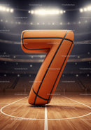 Number seven shaped like a basketball on court