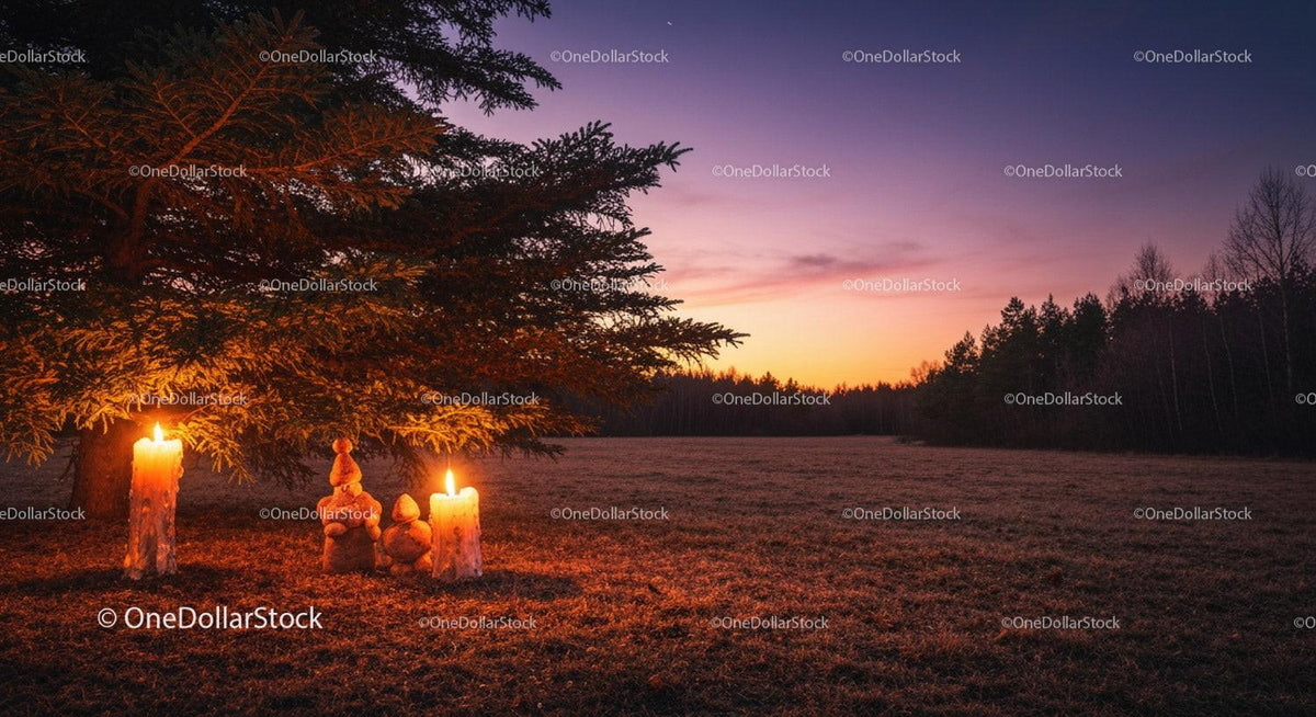 Two glowing candles under pine tree at dusk in open field