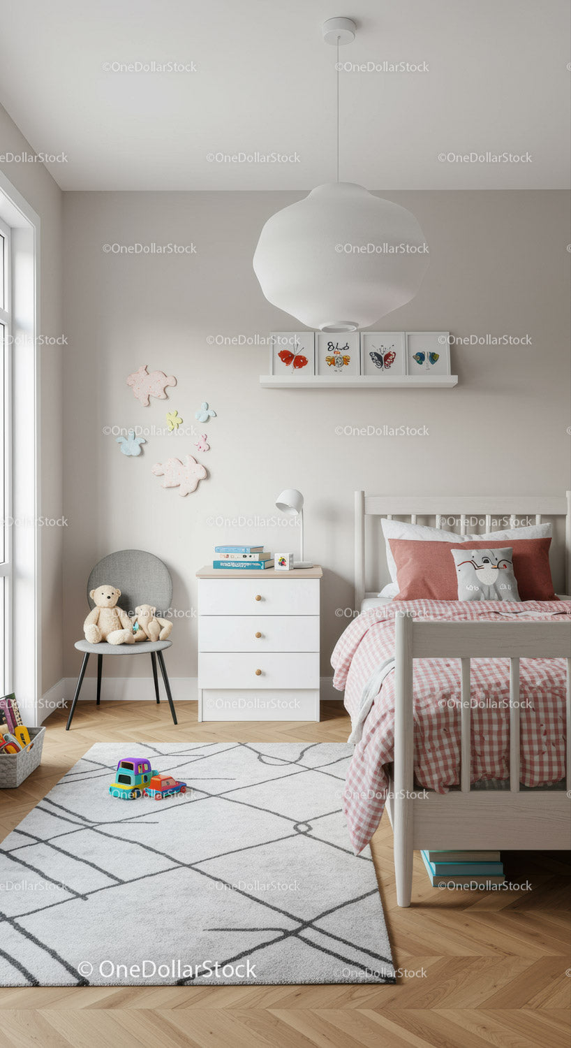Bright Children's Bedroom with Pink Bedding and Plush Toys