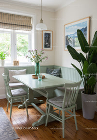Bright and Cheerful Coastal Dining Nook with Indoor Plants and Mountain Wall Art