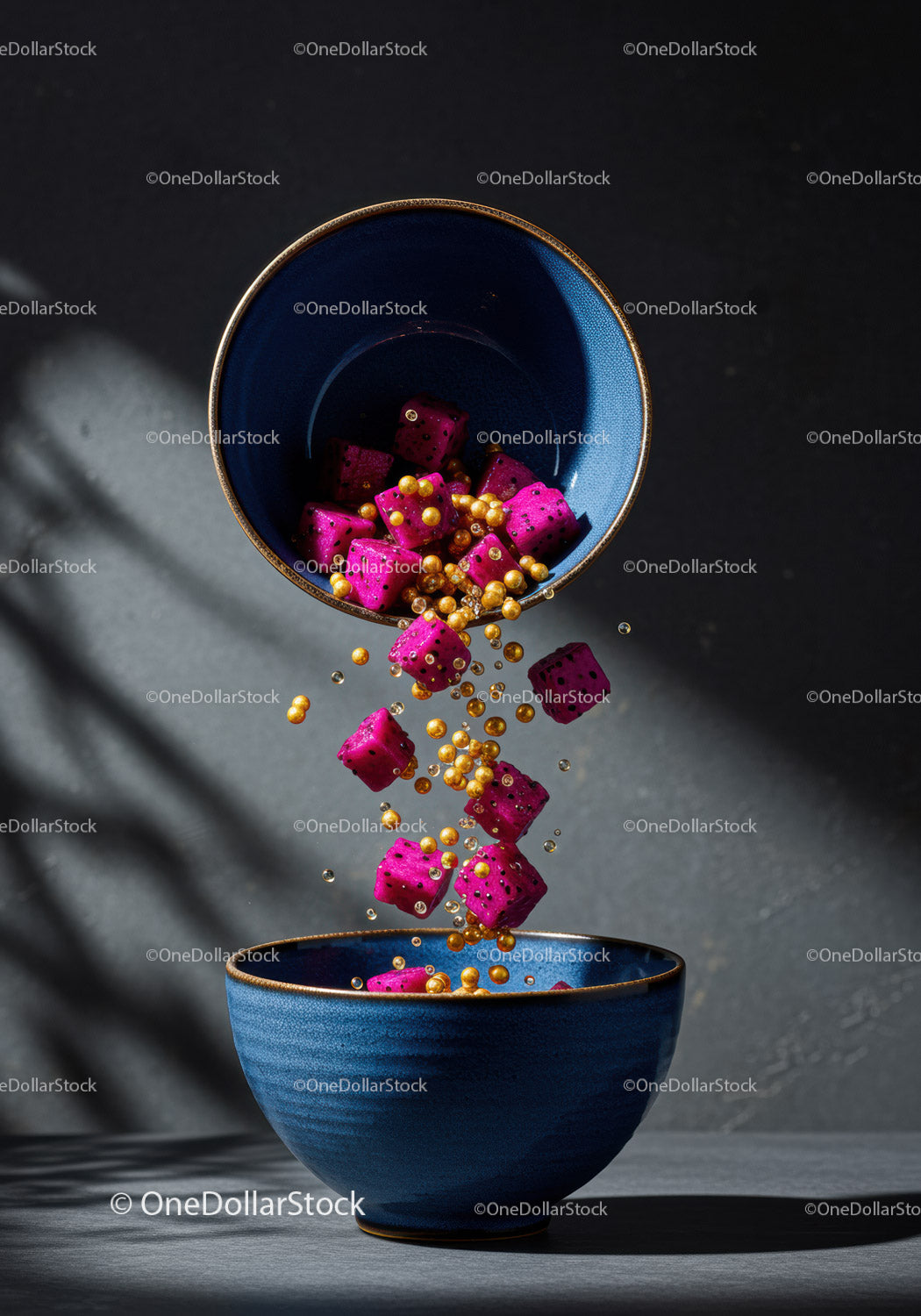 Vibrant dragon fruit cubes and golden cereal falling into bowl