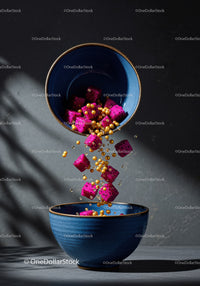 Vibrant dragon fruit cubes and golden cereal falling into bowl