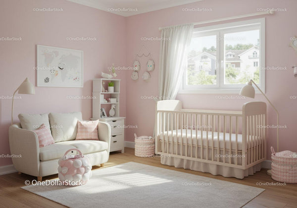 Cozy Pink Nursery with Toddler Bed and White Sofa in Bright Room