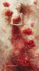 Elegant Woman in Flowing Red Dress Surrounded by Red Poppies