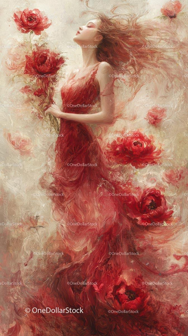 Elegant Woman in Flowing Red Dress Surrounded by Red Poppies