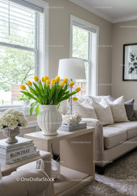Bright Living Room with Yellow Tulips and Cozy White Sofa