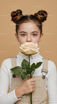 Young Woman Holding White Rose with Buns Hairstyle and Casual Outfit
