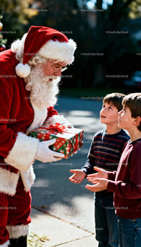 Santa Claus giving gift to excited children outdoors
