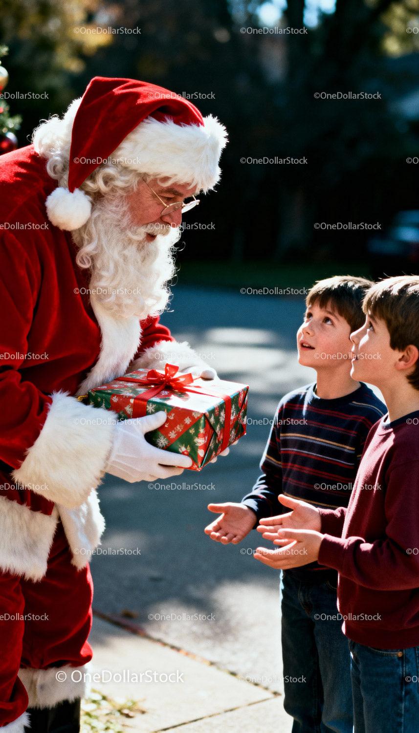 Santa Claus giving gift to excited children outdoors