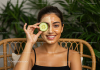 Young Woman with Cucumber and Facial Mask Engaged in Skincare Routine