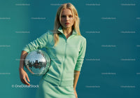 Young Woman in Mint Green Tracksuit Holding Disco Ball in Studio