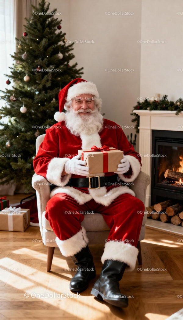 Smiling Santa Claus Sitting with Gift by Fireplace
