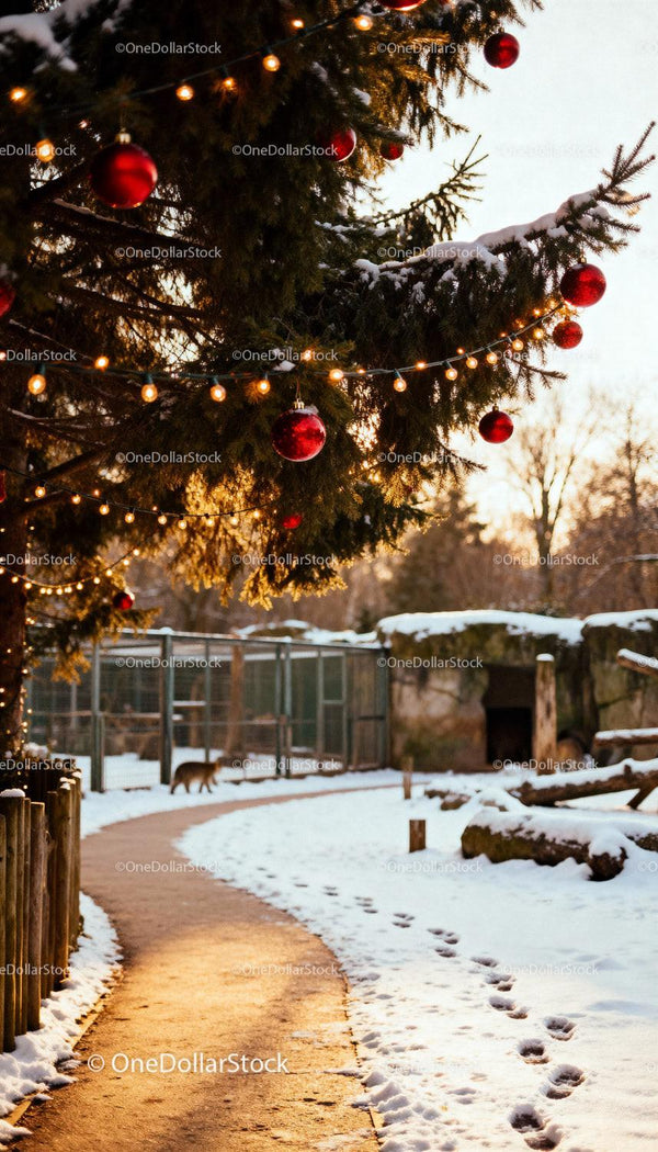 Winter pathway with Christmas decorations and snowy trees