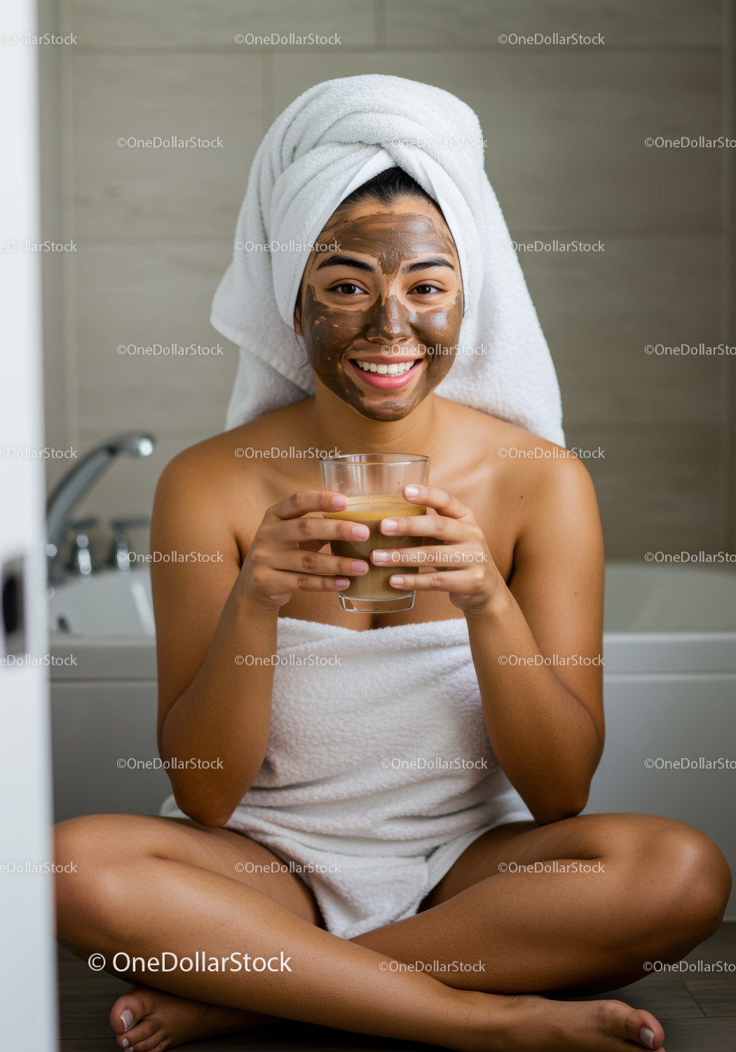 Woman Relaxing with Facial Mask and Iced Drink in Spa Setting