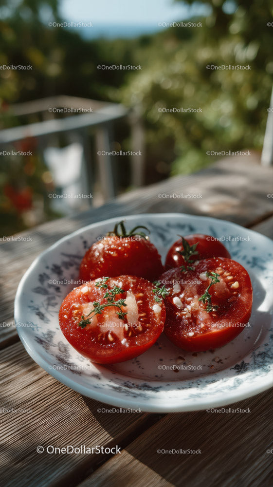 Fresh Ripe Cherry Tomatoes on a White Plate in Outdoor Setting