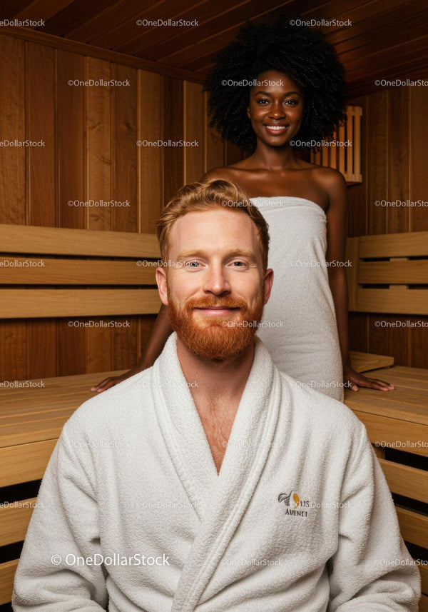 Smiling Man and Happy Woman Relaxing in Wooden Sauna Room